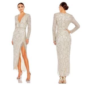 Mac Duggal Embellished Long Sleeve V Neck Beaded Hem Gown Silver Size 10 NWT